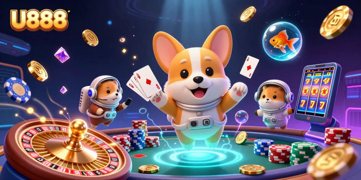 U888 delivers immersive gaming fun with 3D cartoon characters in a vibrant casino scene.