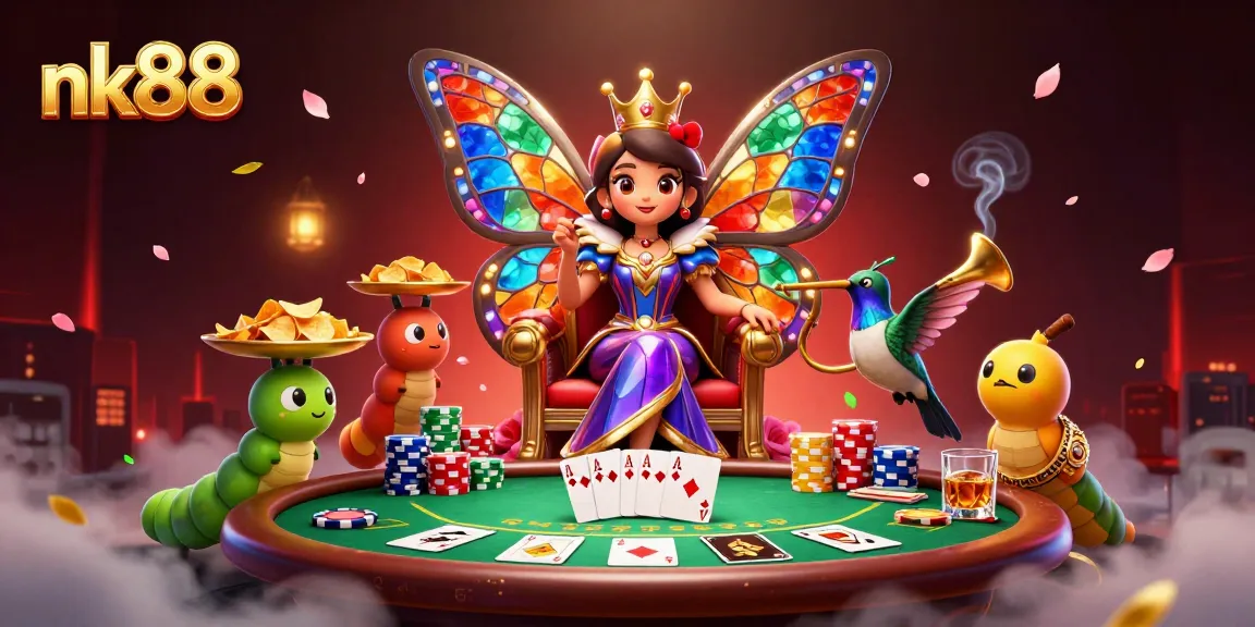 Play poker with the enchanting nk88 butterfly queen among vibrant chips and cards.
