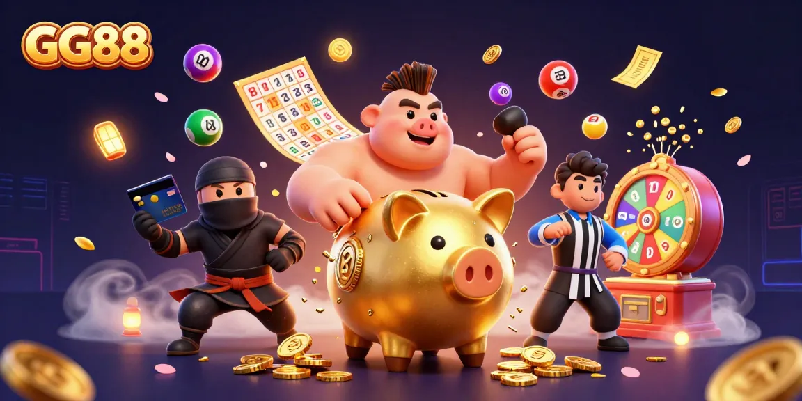 Join the excitement at GG88 with thrilling lottery balls bouncing amidst a vibrant gaming scene.