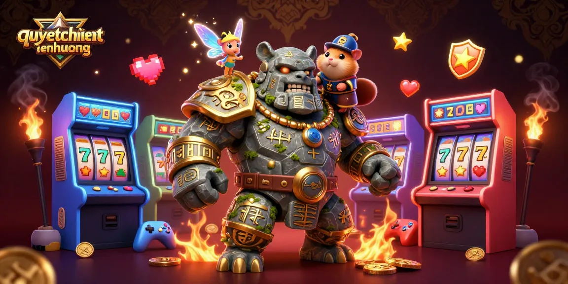 Engage in gameplay with quyetchientienthuong featuring a dynamic scene with fantasy characters and slot game elements.