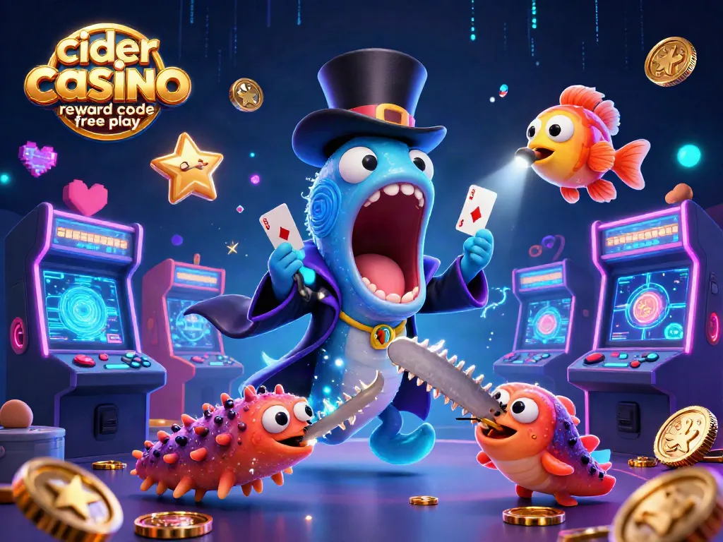 Cider casino reward code free play showcased with a whimsical deep-sea scene, featuring a gulper eel magician and vibrant gaming elements.