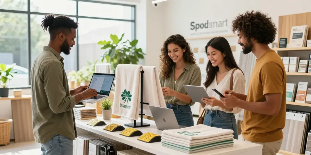 Shopsmart shoppers exploring eco-friendly products in a bright retail setting.