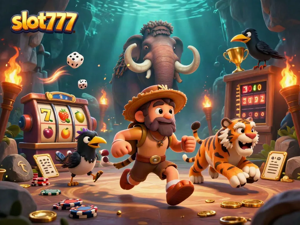 Bermain slot777 dengan simbol keberuntungan dan jackpot di kasino prasejarah.