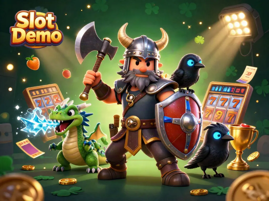 Experience thrilling Slot Demo gameplay with Viking warrior, dragon, and vibrant slot elements.