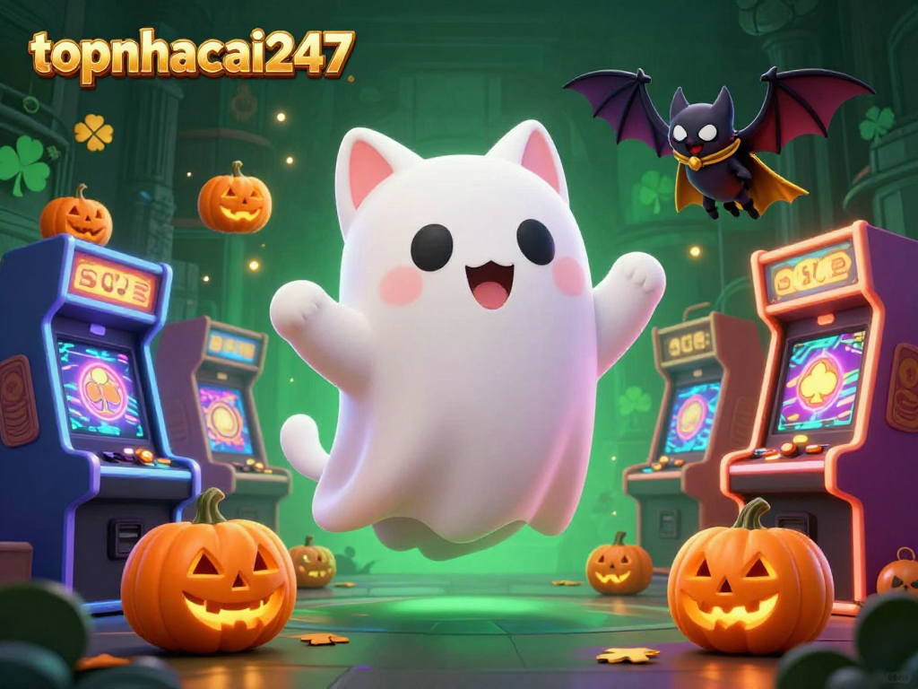 Experience thrilling gameplay at topnhacai247 with a friendly ghost cat navigating a haunted casino.