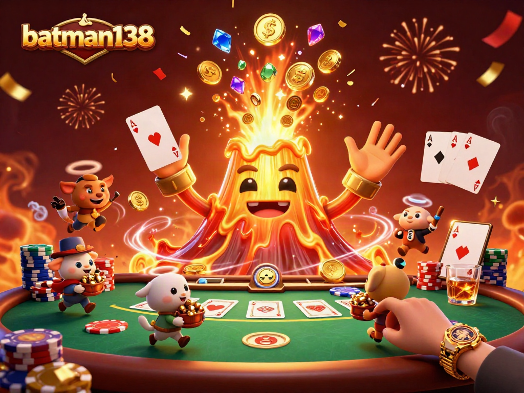 Win big on batman138 as the golden volcano erupts coins and treasures during an exciting poker night.