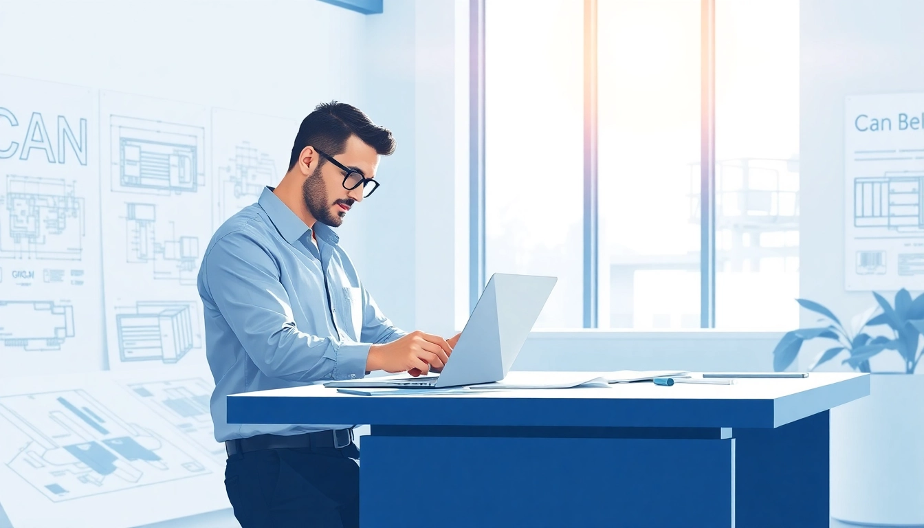 Engineer analyzing CRN Registration materials in a modern workspace with blueprints.