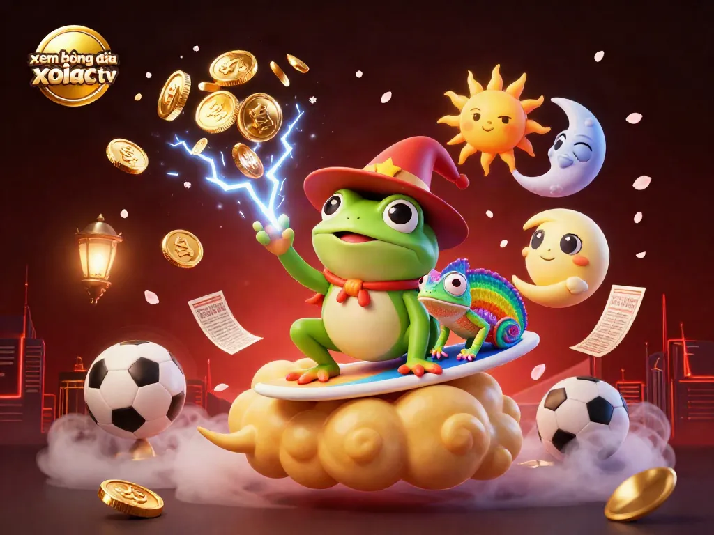 Experience xem bóng đá xoilac tv as a wizard frog conjures golden coins amidst sports symbols in a vibrant 3D scene.
