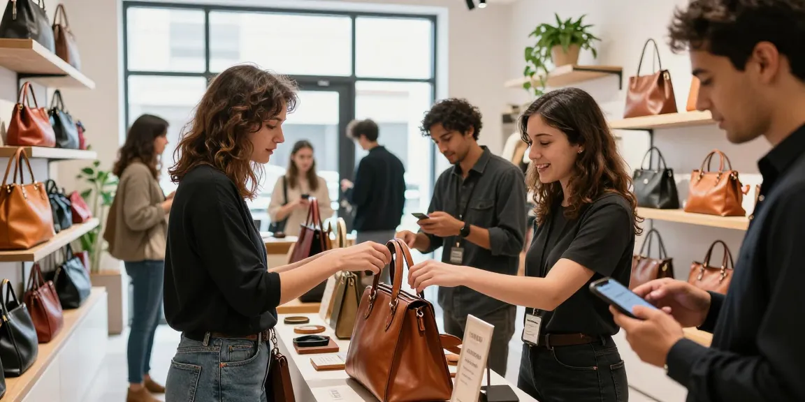 Customer exploring stylish leather bags in a vibrant retail space while comparing prices online at a modern shop.
