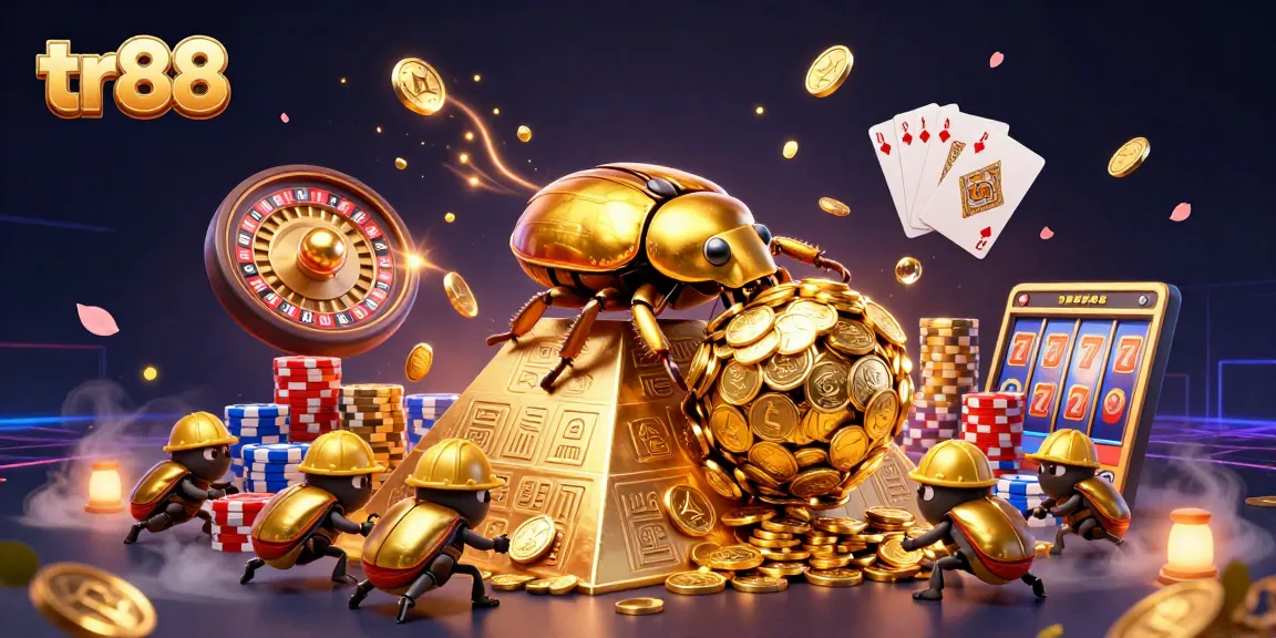 Spin the reels in style with tr88's vibrant 3D casino art featuring golden beetles and treasure!