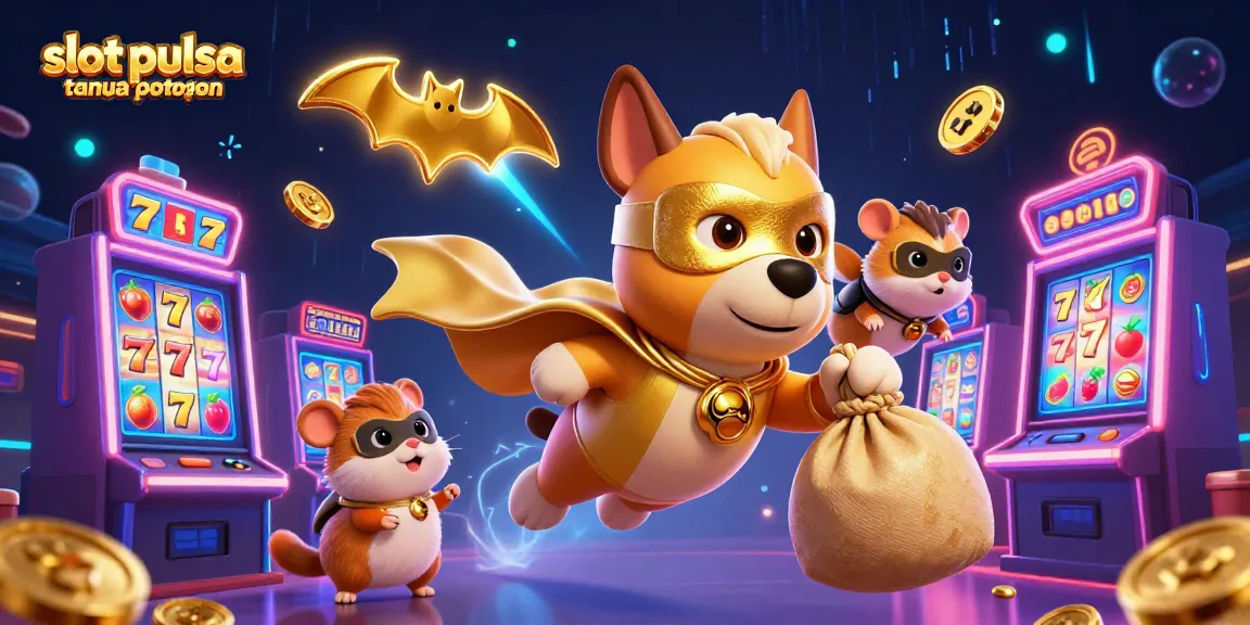 Visualisasi slot pulsa tanpa potongan yang menampilkan superhero anjing terbang dengan koin emas di latar belakang mesin slot berwarna cerah.