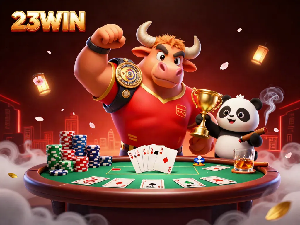 Engage in thrilling games at 23WIN with a cartoon bull mascot, eagle, and panda celebrating wins.