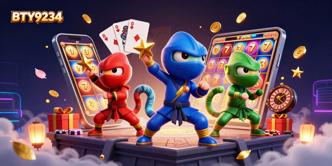 BTY9234 showcases a dynamic trio of ninja chameleons amidst casino-themed elements.