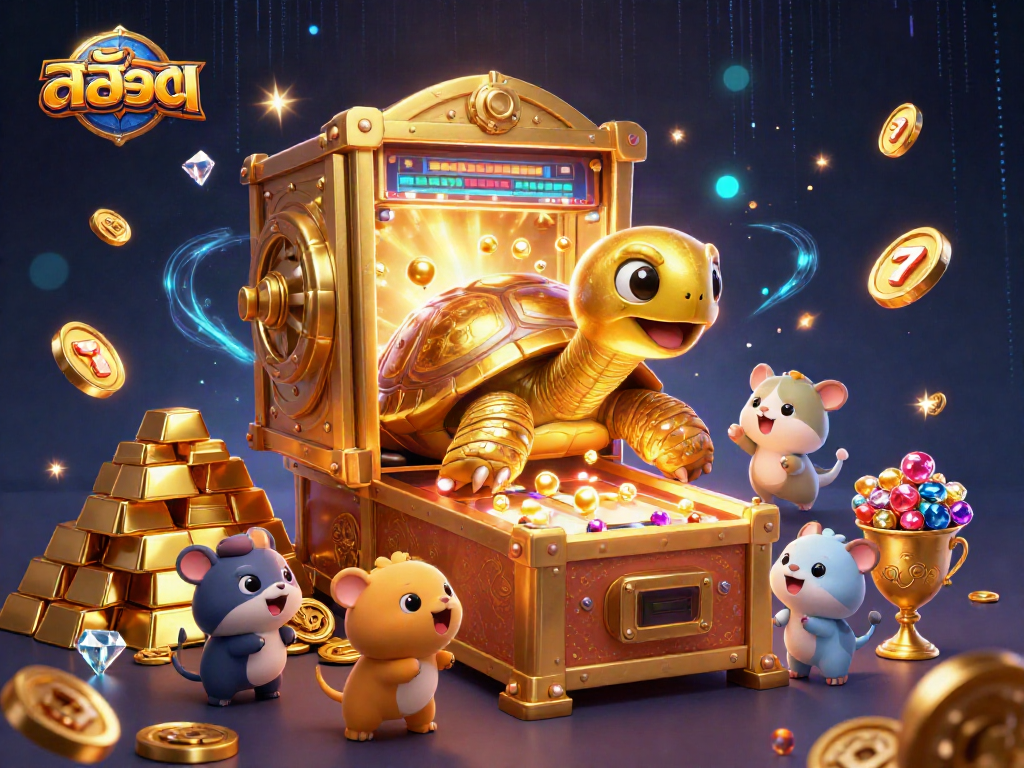 Engage in exciting สล็อต gameplay featuring a colossal tortoise and vibrant slot reels.