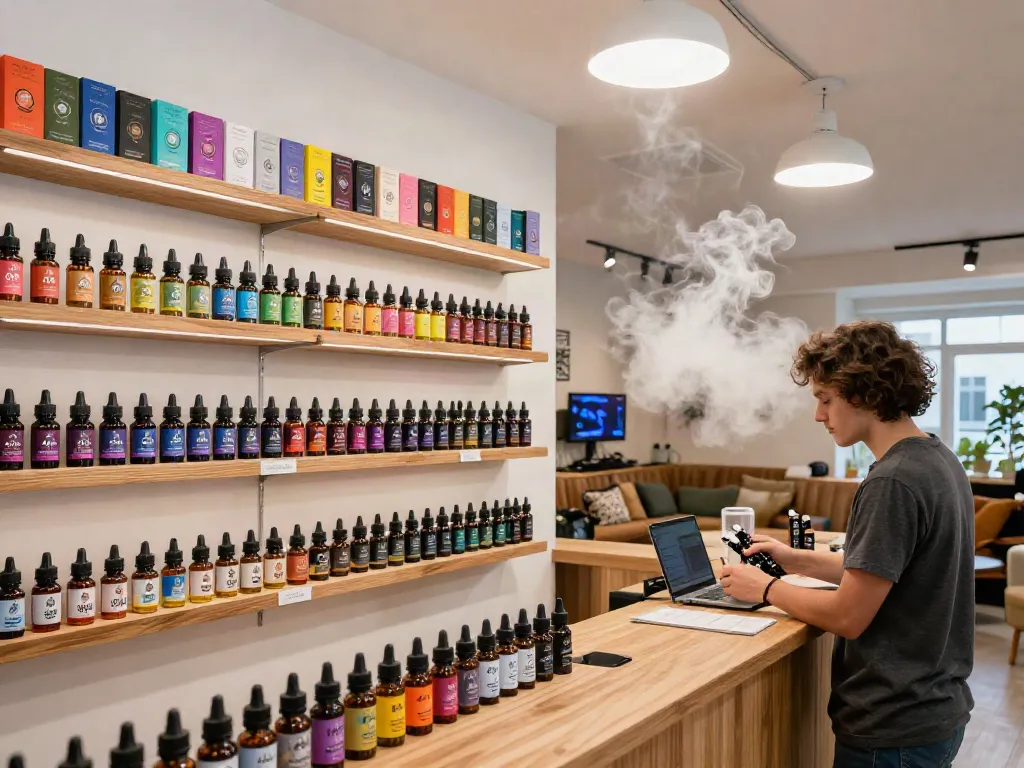 A vibrant vape shop featuring Alt Zero E-Liquid 60ml bottles, inviting atmosphere.