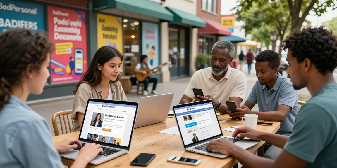 Engaged users on BedPersonal platform in a vibrant community setting, showcasing local classifieds.