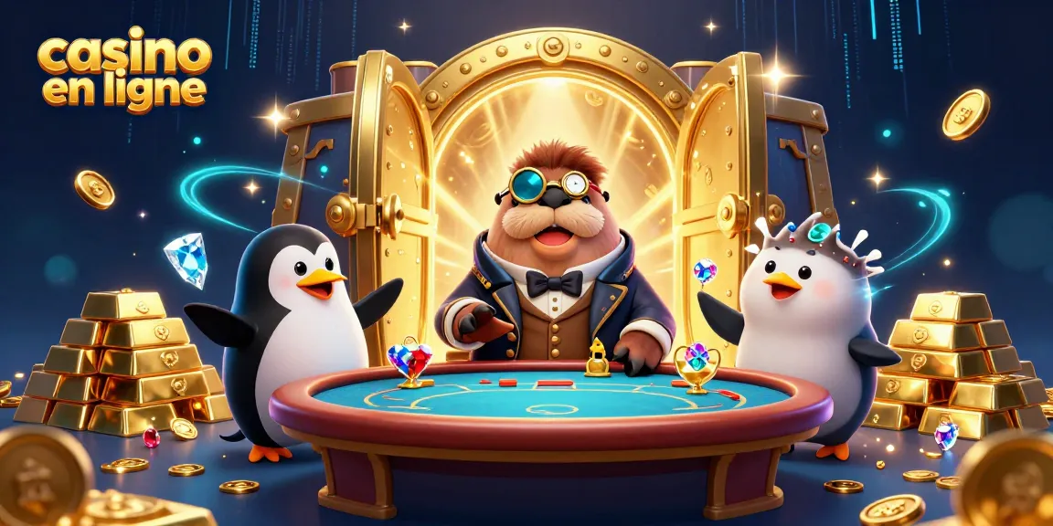 Jouez au casino en ligne avec des personnages animés autour d'une table de poker, riches en trésors et effets scintillants.
