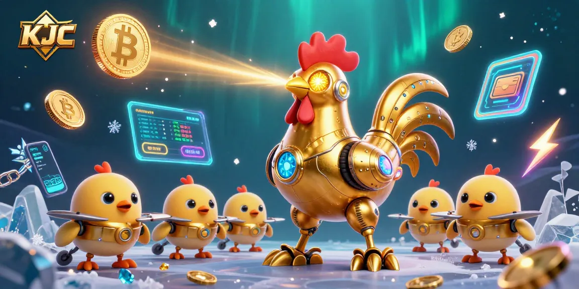Engage with the KJC casino experience featuring a futuristic golden rooster robot and crypto elements.