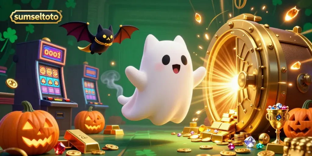 Sumseltoto players engage with an animated ghost cat in a colorful casino scene filled with treasures.