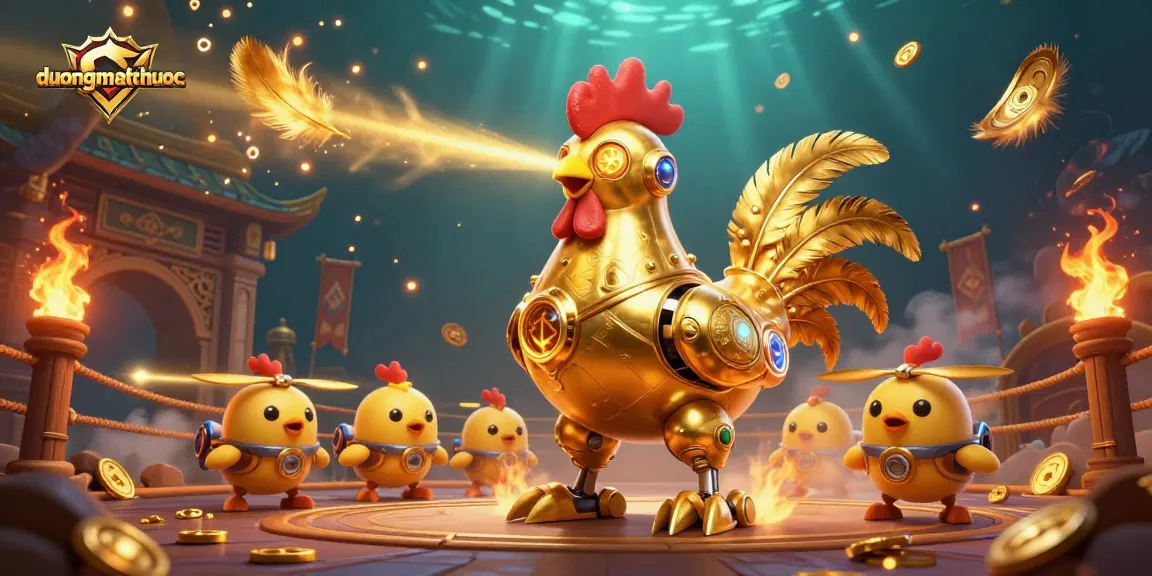 Engage in duongmatchuoc's exciting gameplay featuring a golden rooster robot and baby chick drones amidst a vibrant Asian-themed backdrop.