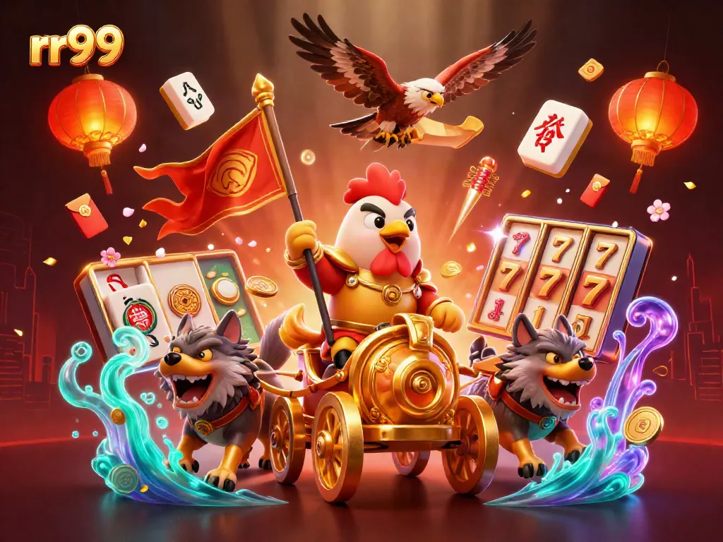 Action-packed scene depicting the rr99 online casino with a rooster warlord amidst vibrant game elements.