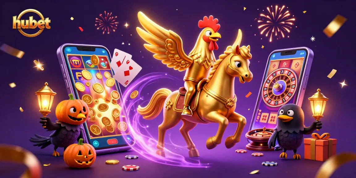 hubet showcases a lively casino scene with a golden rooster and companions engaging in gameplay
