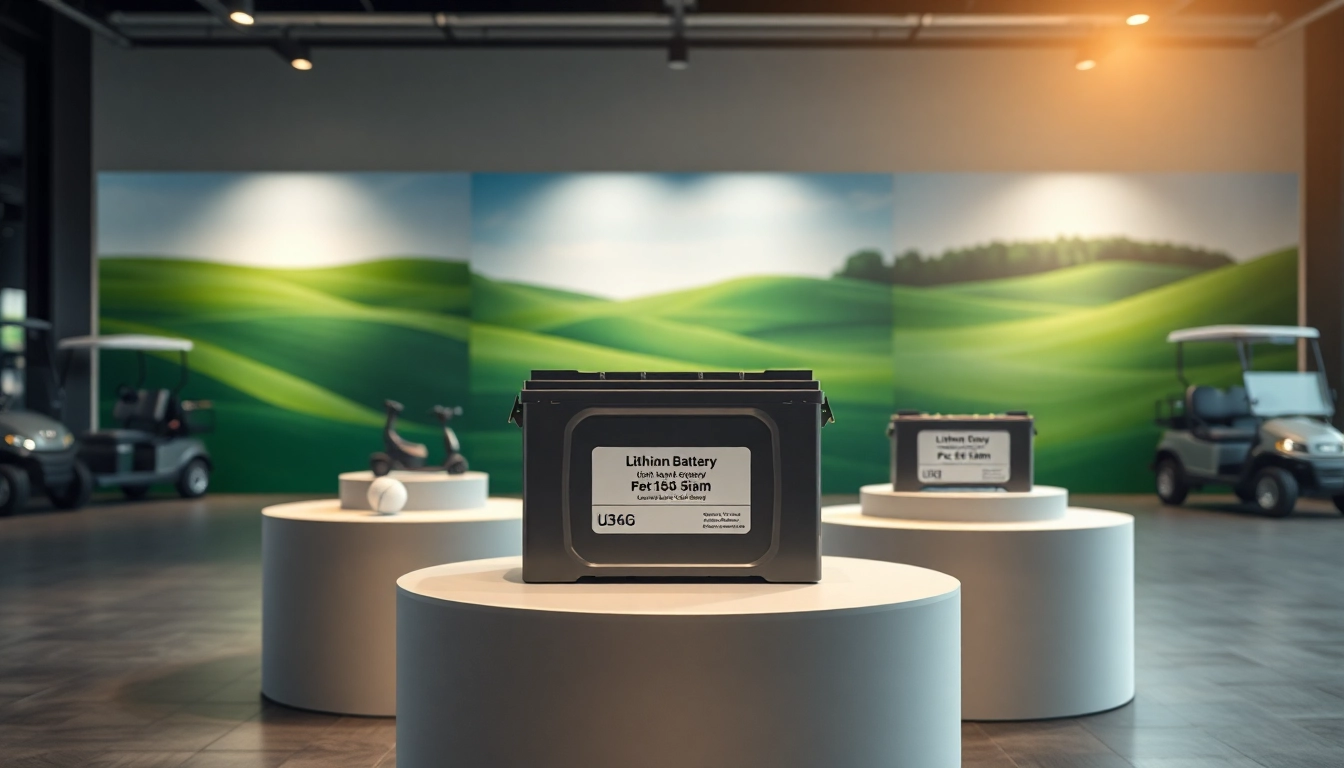 Showcasing lithium golf cart batteries with a sleek design in a professional showroom setting