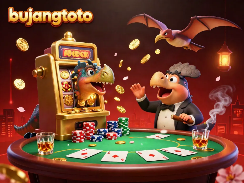 Bujangtoto showcases a pachycephalosaurus joyfully interacting with a slot machine, exemplifying exciting gambling moments.