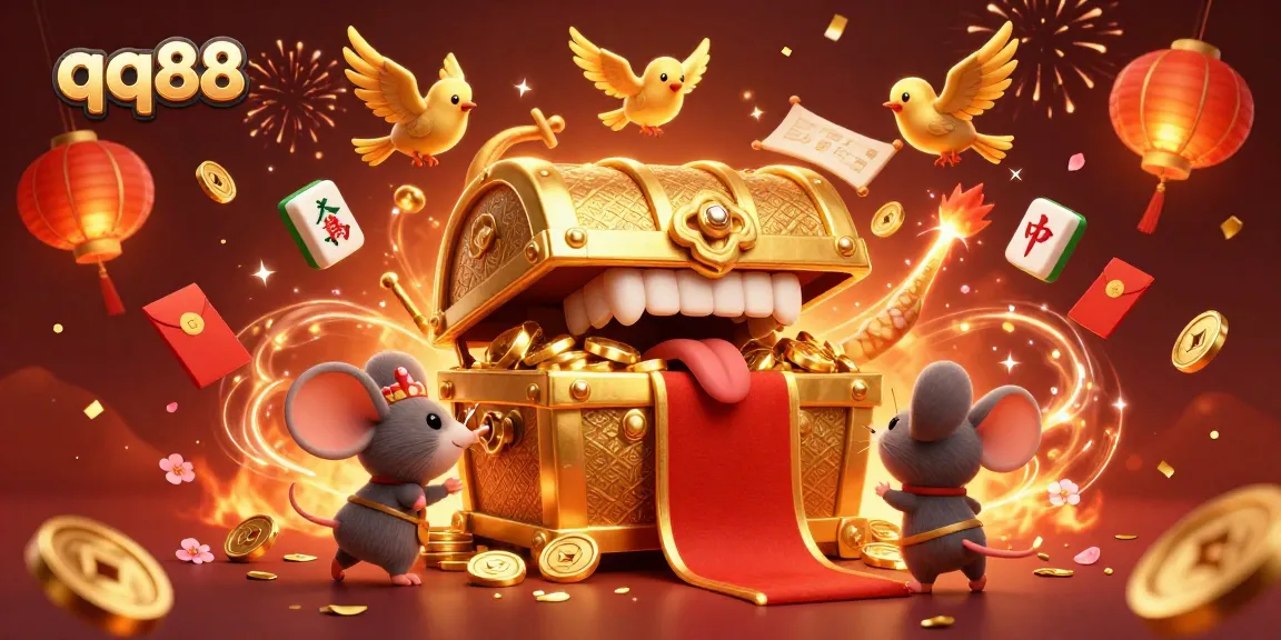 Engaging illustration showcasing qq88 with an adventurous treasure chest attracting players in a vibrant casino setting.