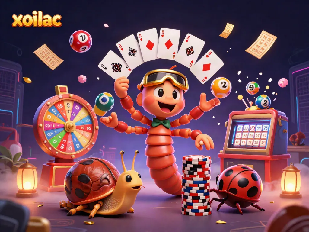 Xoilac brings excitement to gamers with a dynamic 3D illustration featuring casino scenes and vibrant game elements.