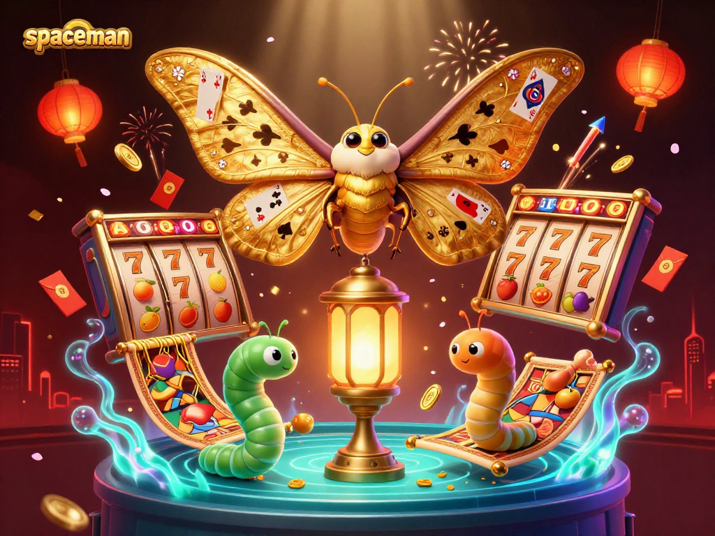 Experience winning thrills with the lively spaceman-themed slot reels, golden lanterns, and vibrant casino elements.