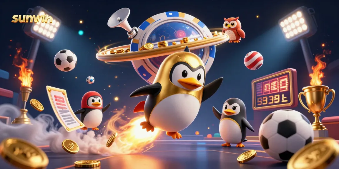 Engage in Sunwin's thrilling games with a golden penguin showcasing a dazzling casino journey.