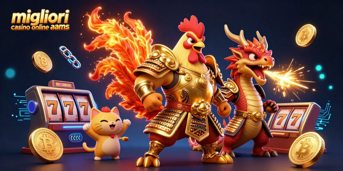 I migliori casino online AAMS con un guerriero gallo samurai, un drago e simboli di slot, pronti a vincere!