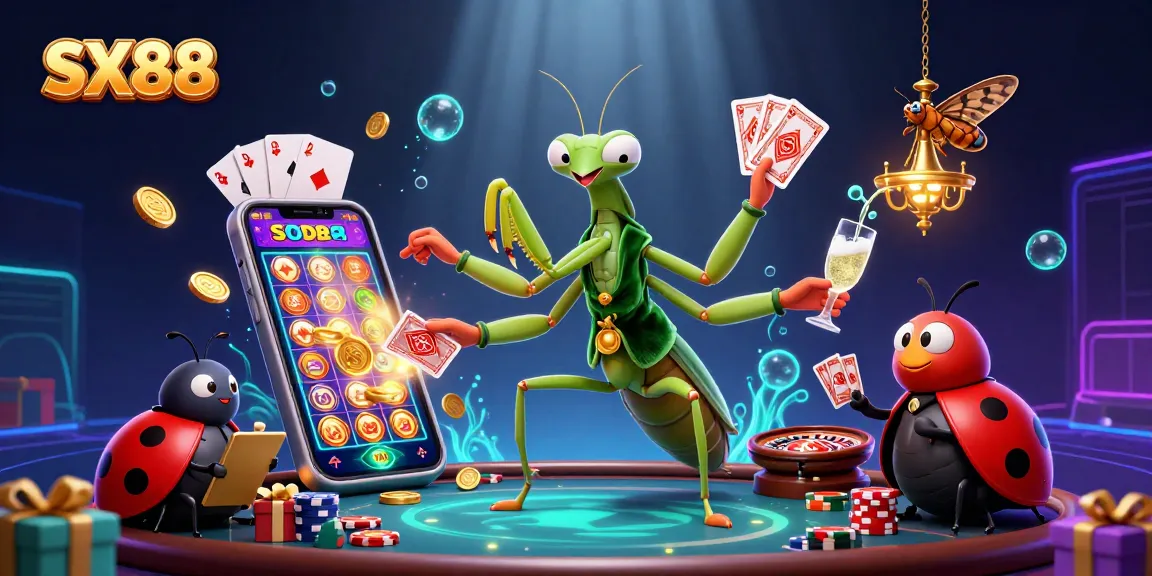 SX88 offers thrilling gaming experiences with a vibrant casino scene featuring a mantis dealer and ladybug pit boss.