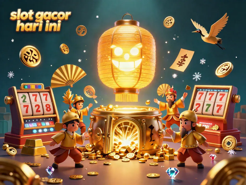 Engage with the vibrant spirit of slot gacor hari ini in this lively casino scene featuring golden lanterns, treasures, and dynamic game elements.