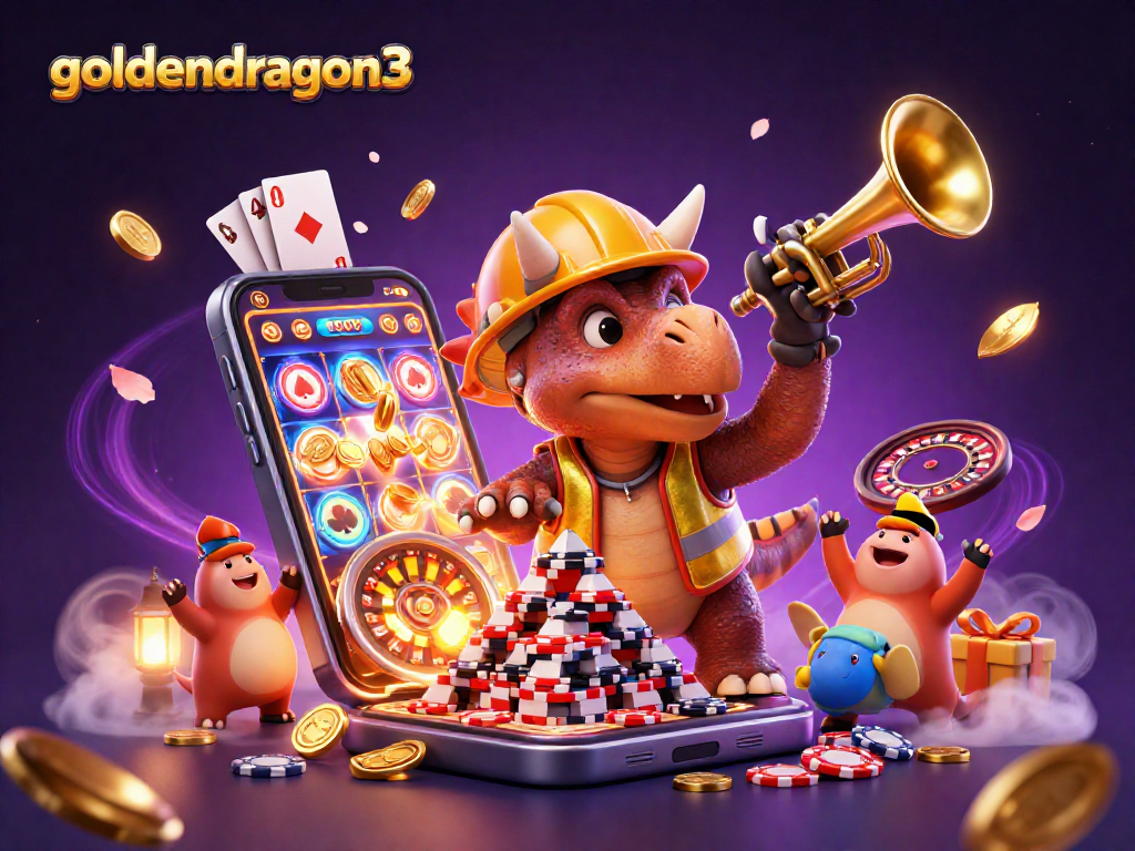 Experience the excitement of goldendragon3 with a cheerful triceratops building poker chips amid jubilant celebration.