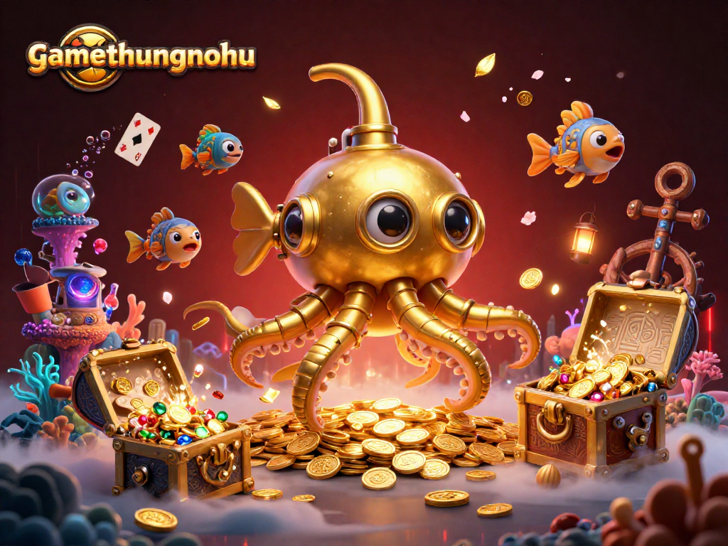 Experience gamethuongnohu adventure with a golden kraken submarine in a vibrant underwater casino.
