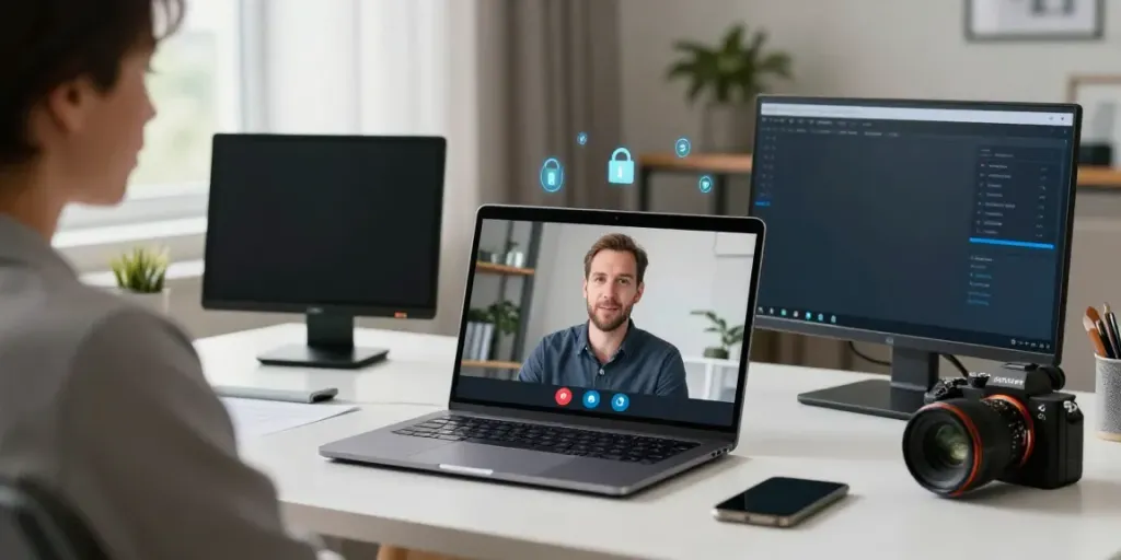 Deepfake protected Online Video Calls in a secure home office setting with encryption icons.