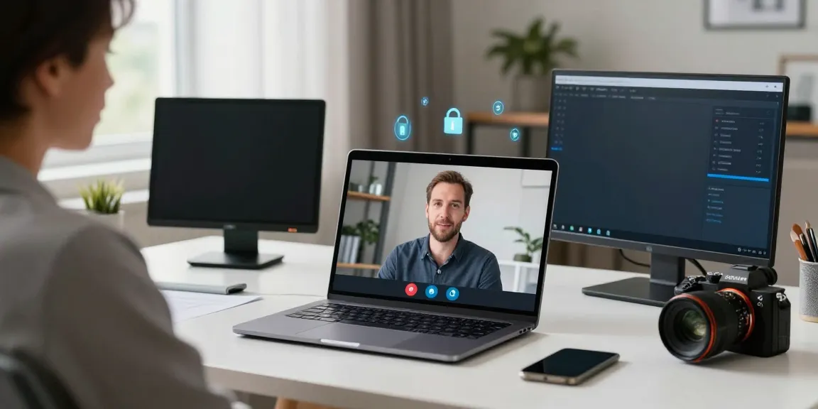 Deepfake protected Online Video Calls in a secure home office setting with encryption icons.