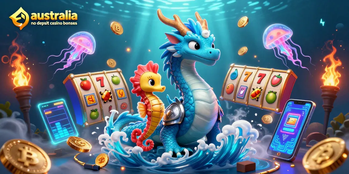 Win with australia no deposit casino bonuses featuring a dragon, seahorse knight, and neon jellyfish.
