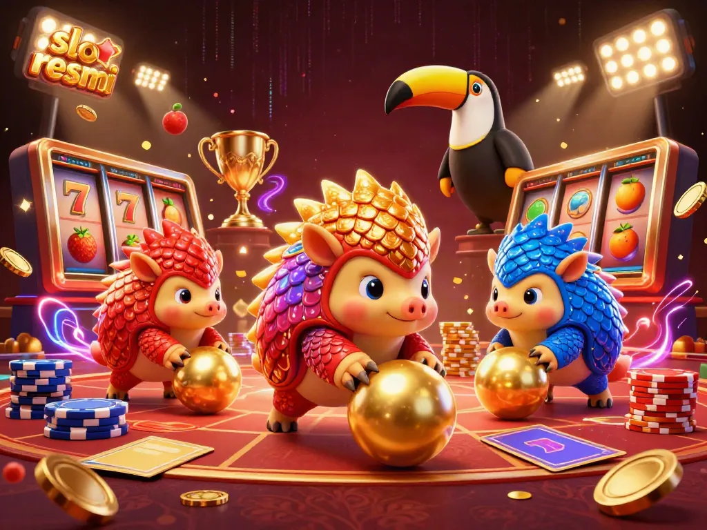 Engaging scene of slot resmi rivalry with pangolins bowling through poker chips and vibrant casino elements