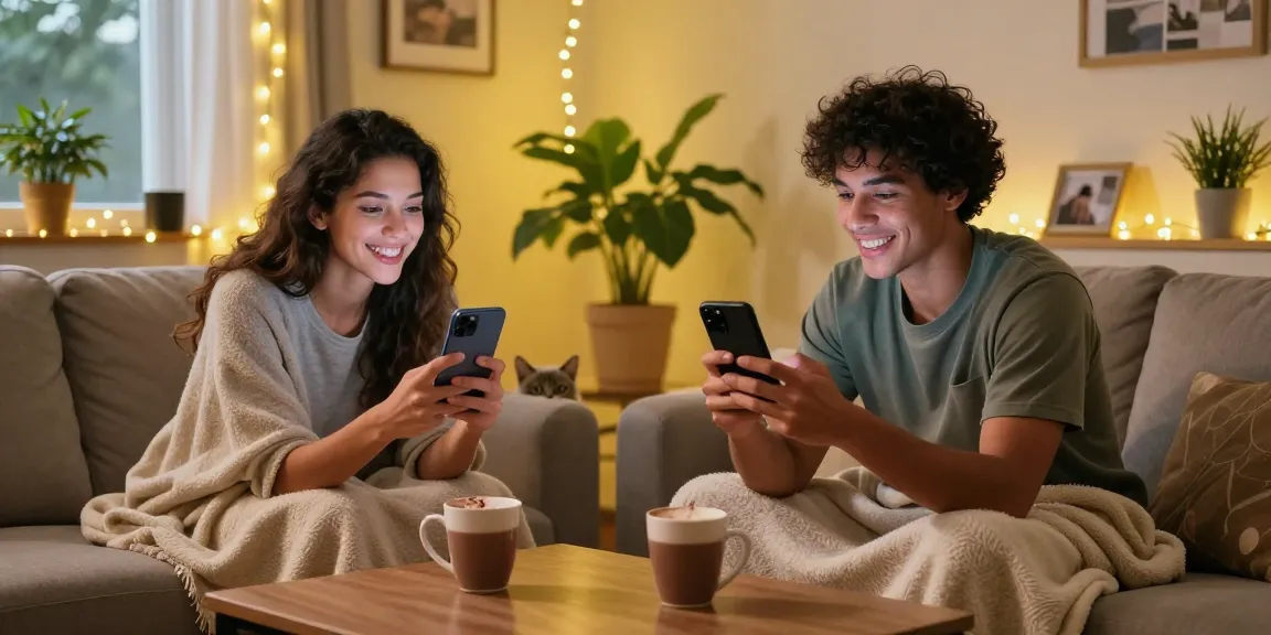Couple engaging in ai sexting during a cozy virtual date night, showcasing emotional connection and playful romance.
