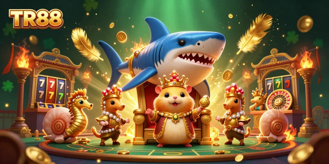 Experience TR88's thrilling casino realm with a vibrant hamster king on a megalodon throne amidst dynamic gaming elements.