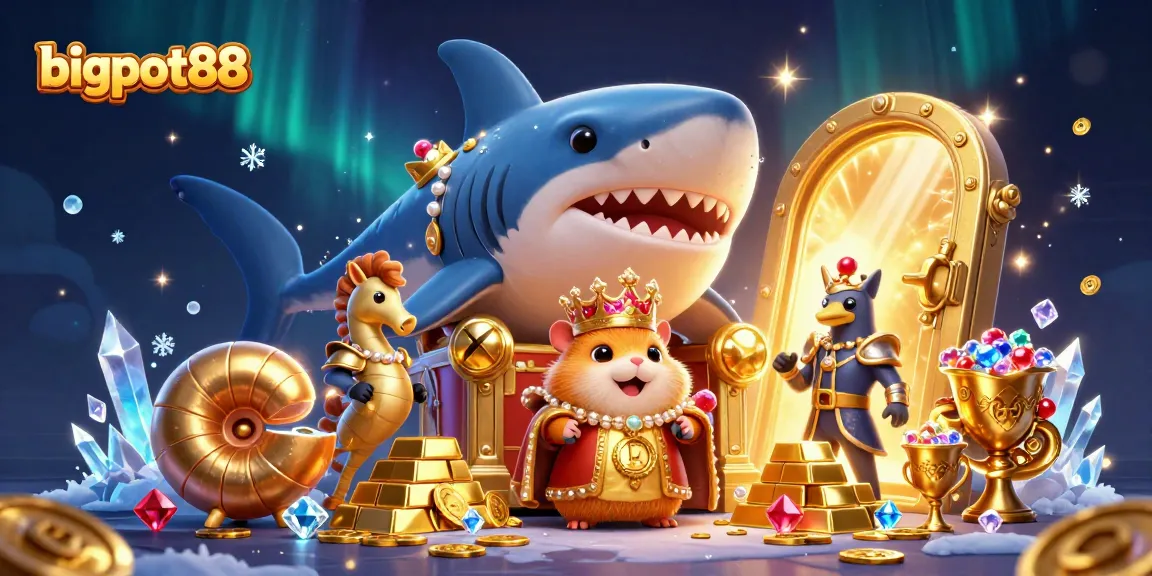 bigpot88 menarik perhatian dengan gigi megalodon raksasa dan raja hamster dalam suasana kasino yang megah.