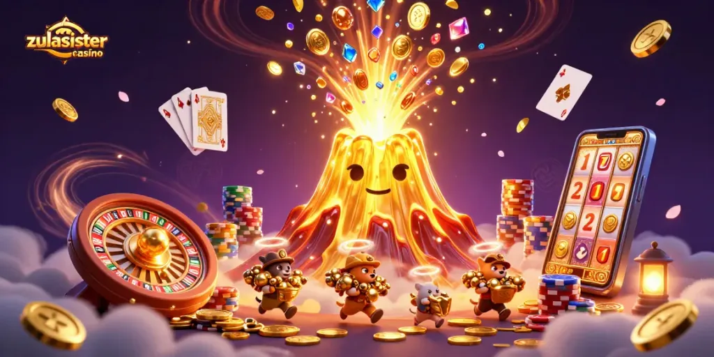 Spin the reels at zulasistercasino, where a golden volcano erupts with coins and treasures!