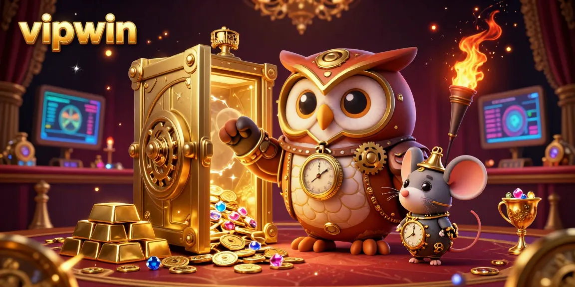 Experience exciting wins with vipwin in this vibrant casino illustration featuring a steampunk owl and treasures.