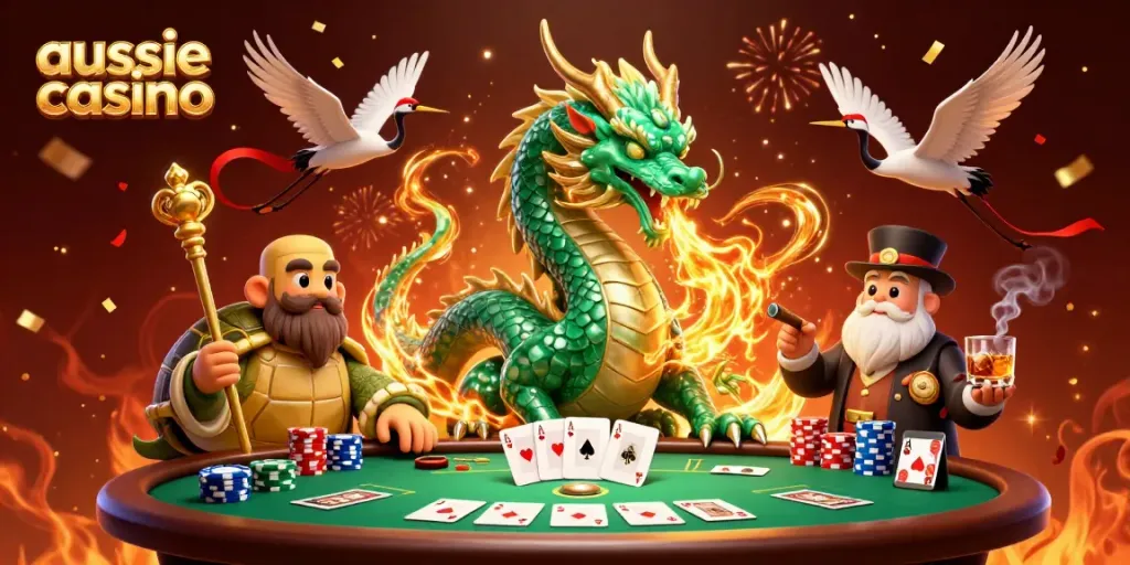 Experience the thrilling world of aussie casino with a dynamic illustration featuring magical creatures and poker elements.