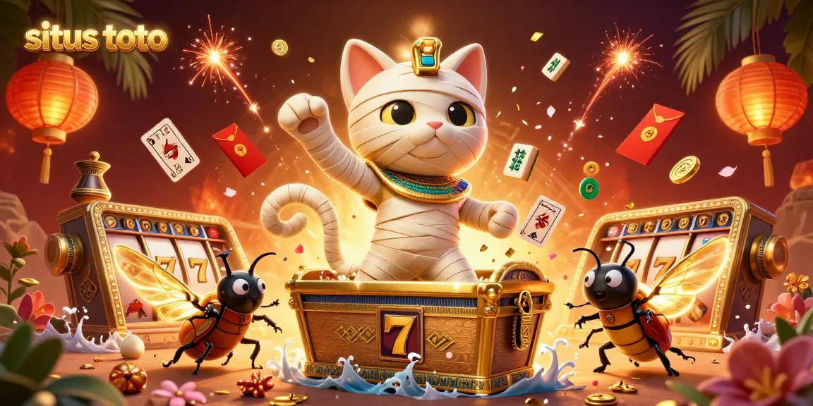 Experience situs toto with a vivid scene of a mummy cat and gaming elements in a dynamic casino atmosphere.