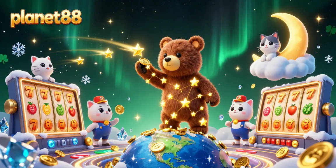 Experience the excitement of planet88 with dynamic slot reels, golden coins, and playful characters in a colorful casino scene.