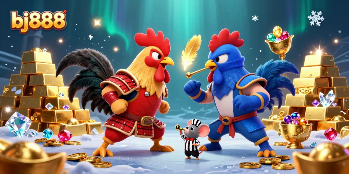 Experience the thrilling face-off of fighting roosters at bj888, amidst sparkling treasures and dynamic energy.